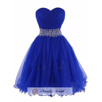 Oem Wholesale 2016 Gorgeous Genou Longueur Organza Beads Royal Blue Robes de bal Robe de fête